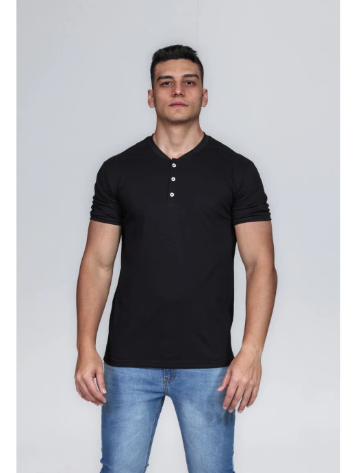 CAMISETA MASCULINA GOLA PORTUGUESA ALGODÃO PIMA PRETA
