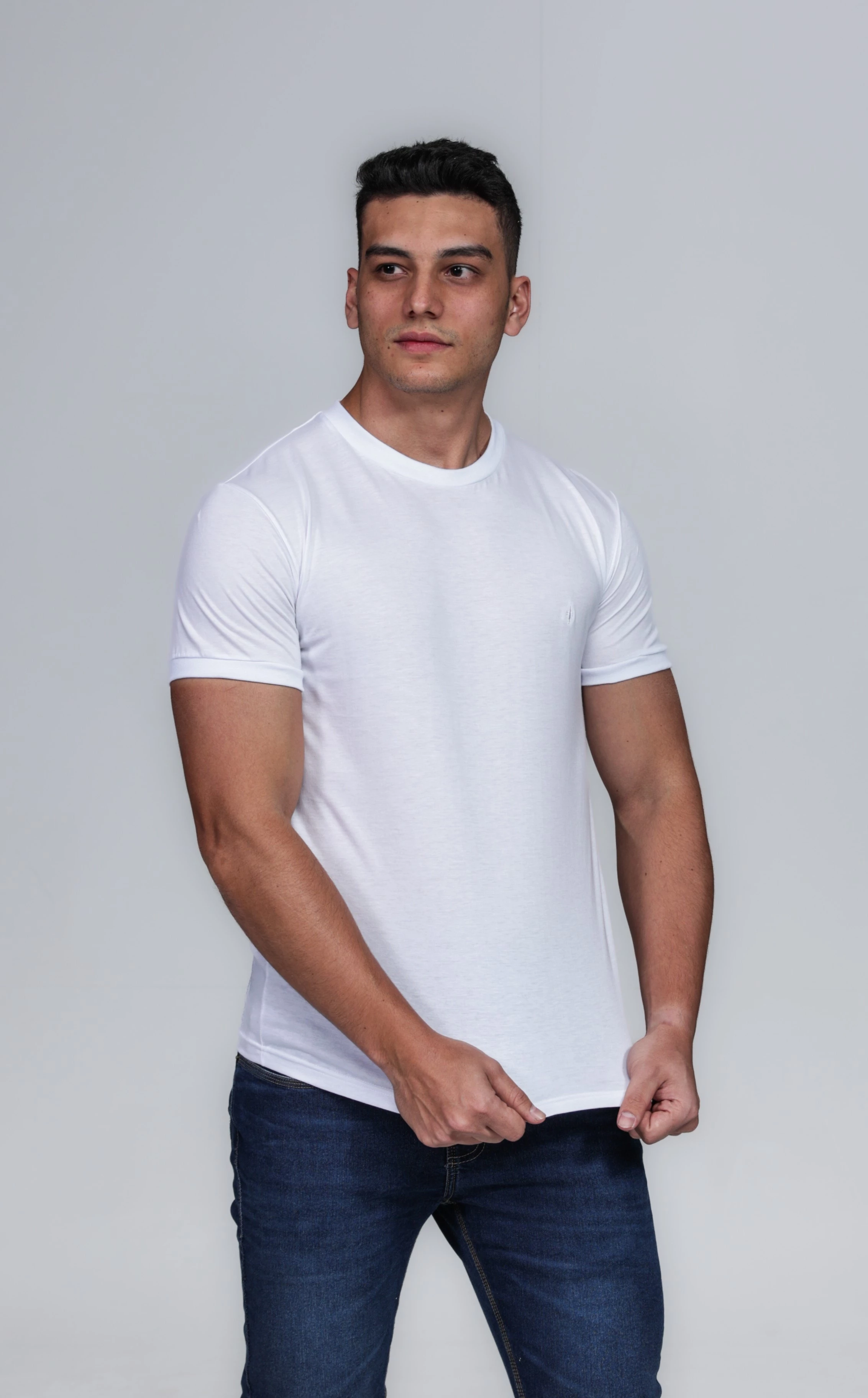 CAMISETA MASCULINA GOLA CARECA ALGODÃO PIMA BRANCA