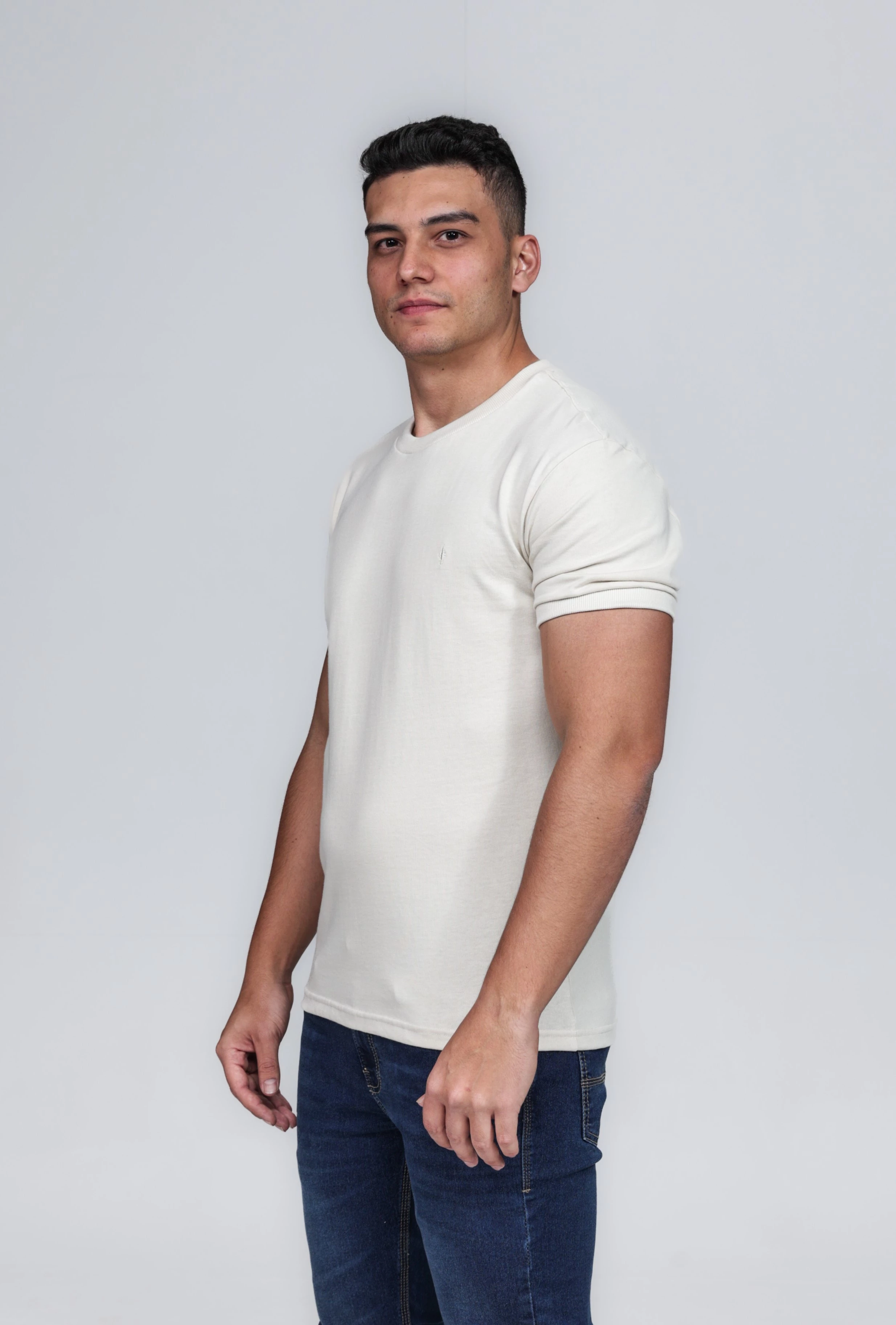 CAMISETA MASCULINA GOLA CARECA 100% ALGODÃO AREIA BARCELONA