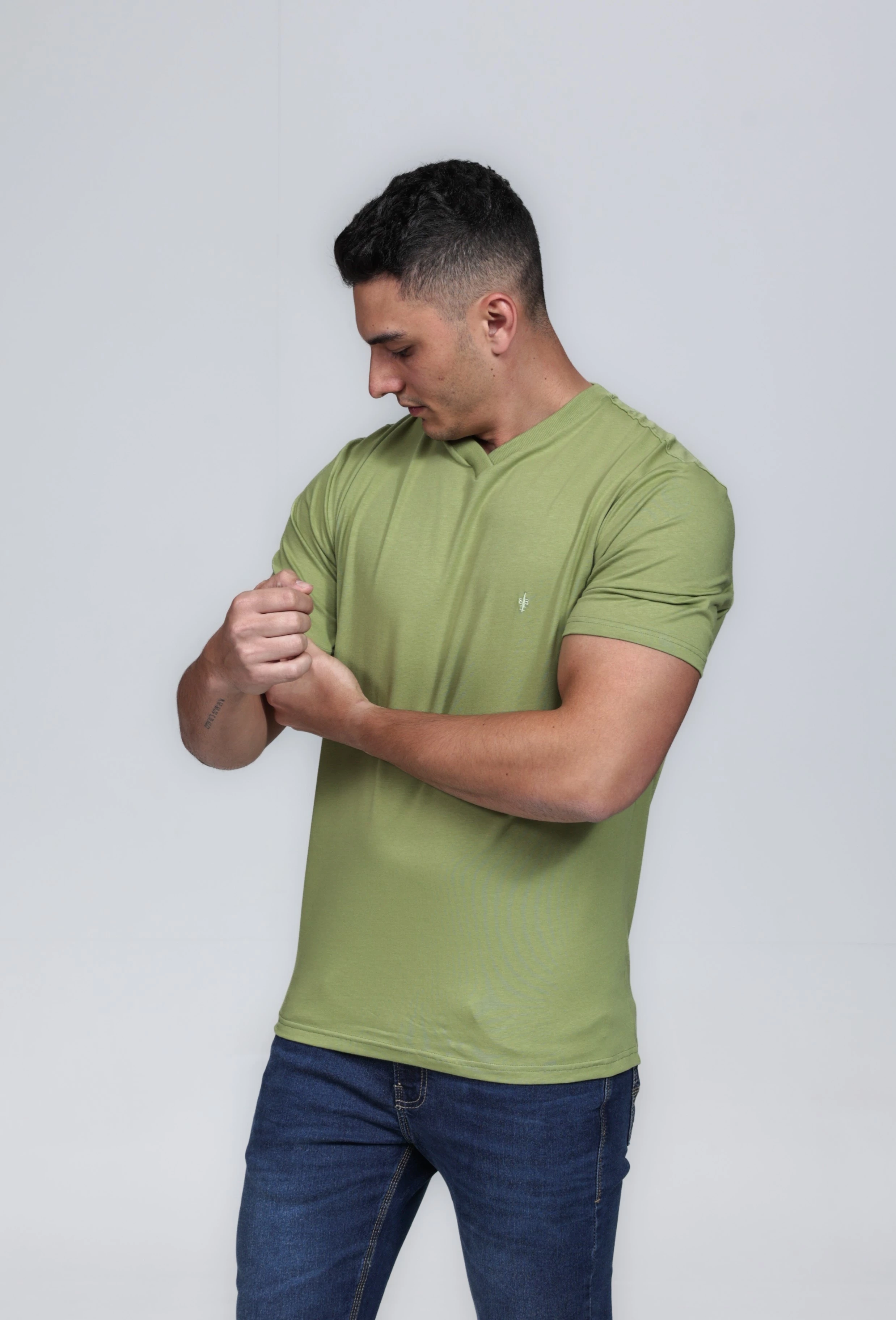 CAMISETA MASCULINA GOLA V 100% ALGODÃO VERDE CONFORT