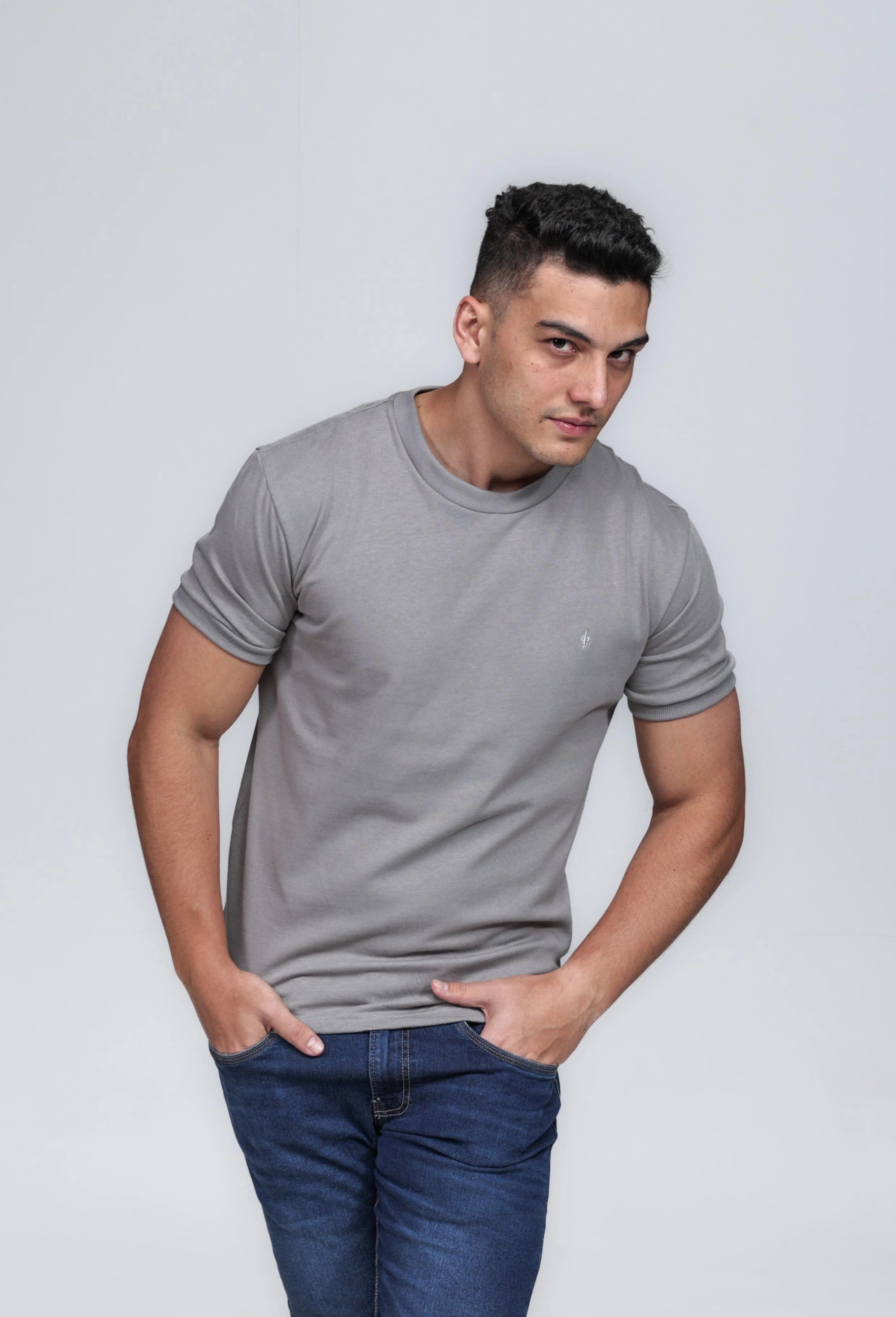 CAMISETA MASCULINA GOLA CARECA 100% ALGODÃO CINZA BARCELONA