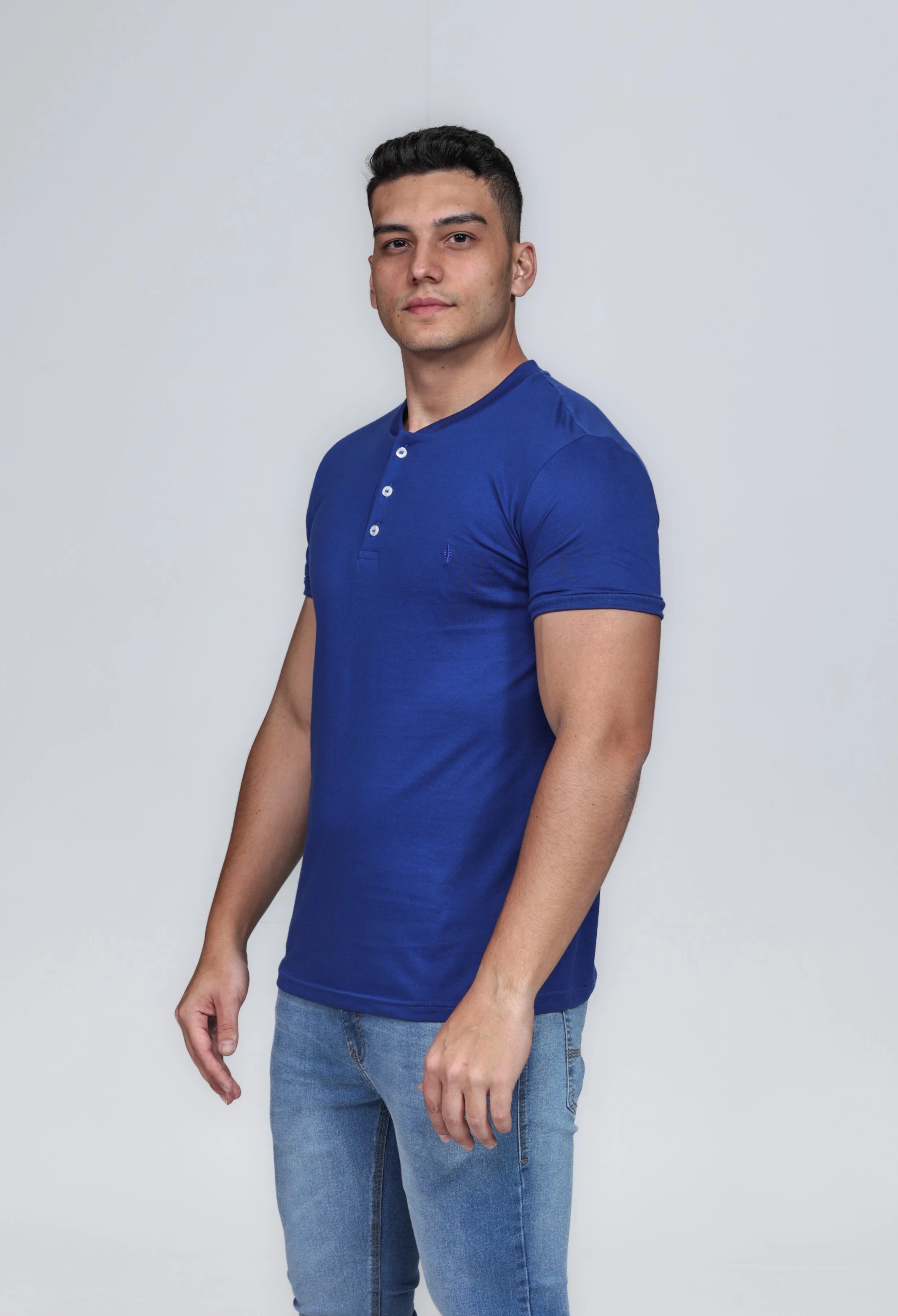 CAMISETA MASCULINA GOLA PORTUGUESA ALGODÃO PIMA AZUL ROYAL