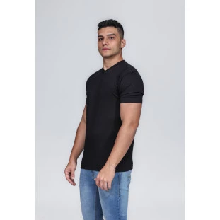 CAMISETA MASCULINA GOLA V 100% ALGODÃO PRETA CONFORT