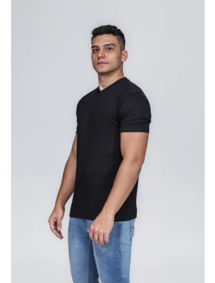 CAMISETA MASCULINA GOLA V 100% ALGODÃO PRETA CONFORT