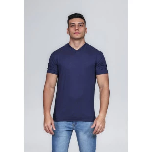 CAMISETA MASCULINA GOLA V 100% ALGODÃO AZUL MARINHO CONFORT