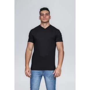 CAMISETA MASCULINA GOLA V 100% ALGODÃO PRETA CONFORT
