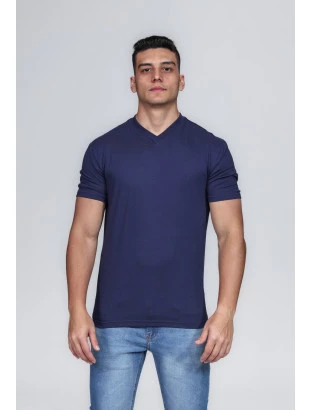 CAMISETA MASCULINA GOLA V 100% ALGODÃO AZUL MARINHO CONFORT
