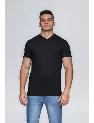 CAMISETA MASCULINA GOLA V 100% ALGODÃO PRETA CONFORT